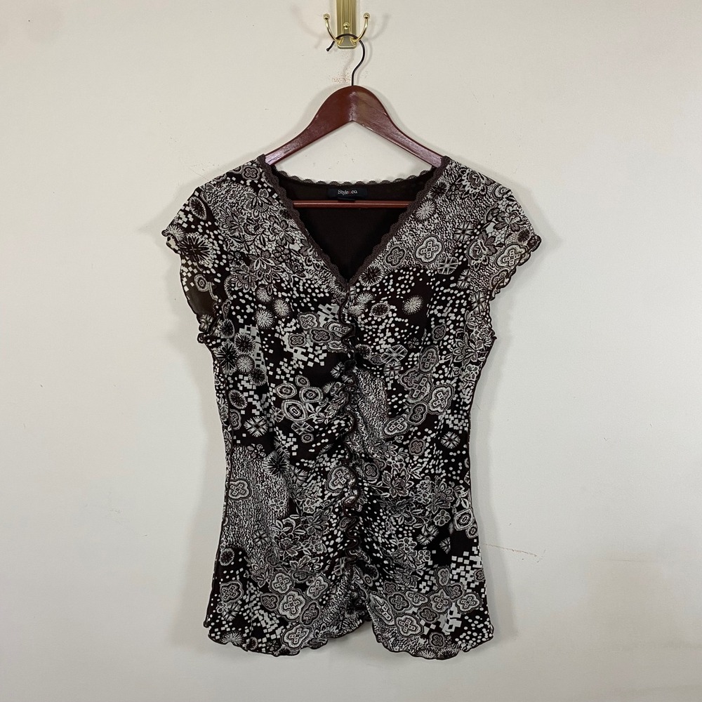 Vintage Y2K Style & Co Brown Floral Print Sheer Top Lace Trim V Neck Blouse‎